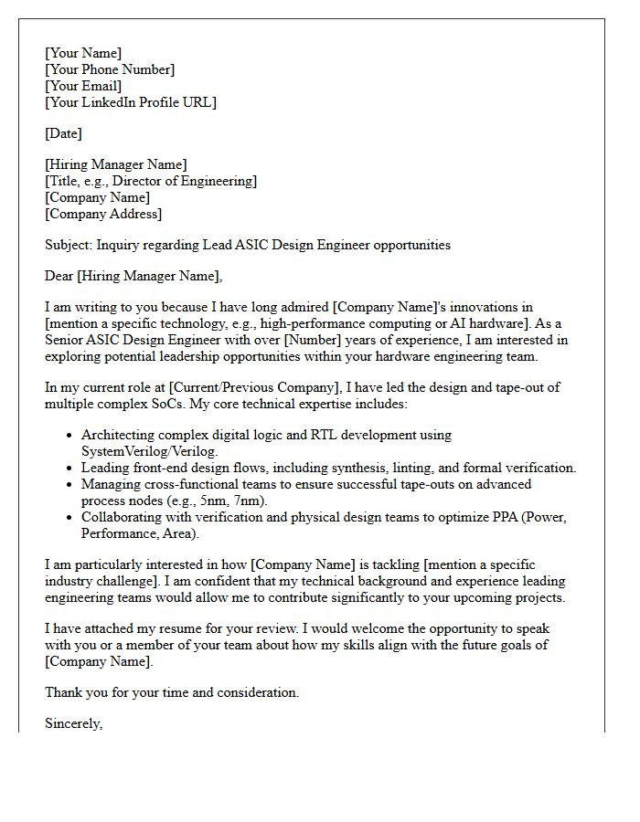 Speculative Outreach Letter For Lead ASIC Design Engineer