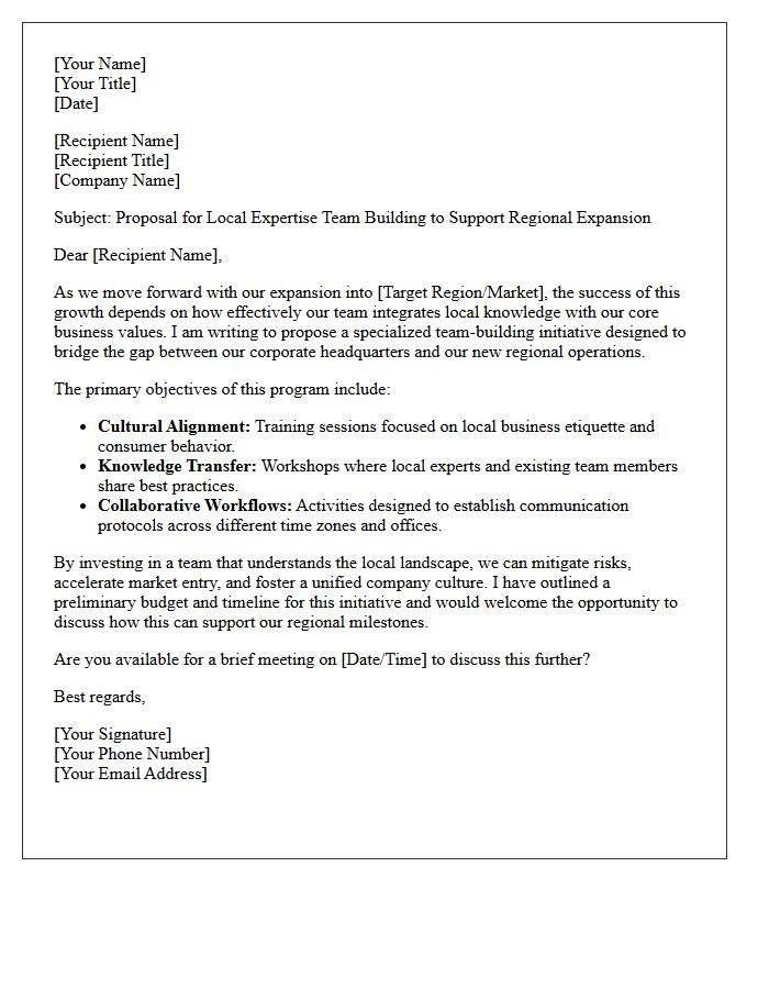 Local Expertise Team Building Pitch Letter for Regional Expansion