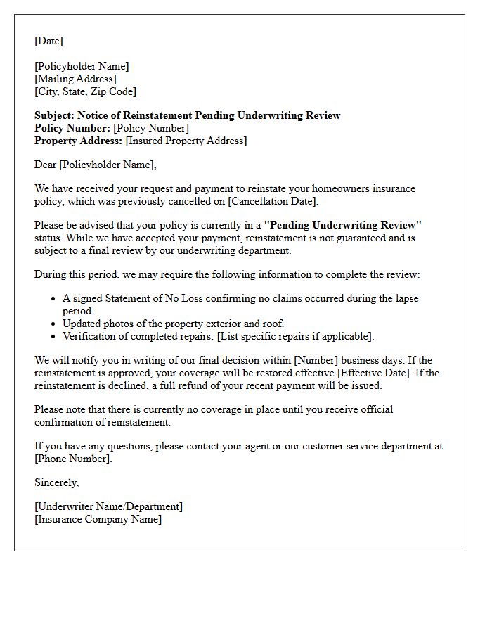 Homeowners Insurance Reinstatement Pending Underwriting Review Letter