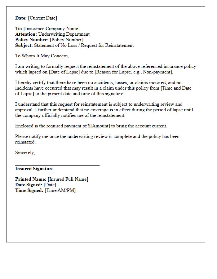Statement Of No Loss Reinstatement Pending Underwriting Review Letter
