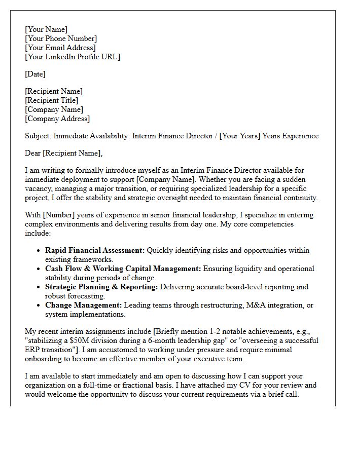 Immediate Availability Pitch Letter for Interim Finance Director