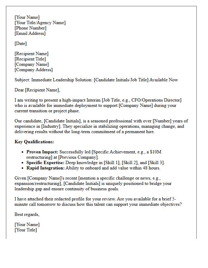 Interim Management Talent Pitch Letter for Immediate Placement