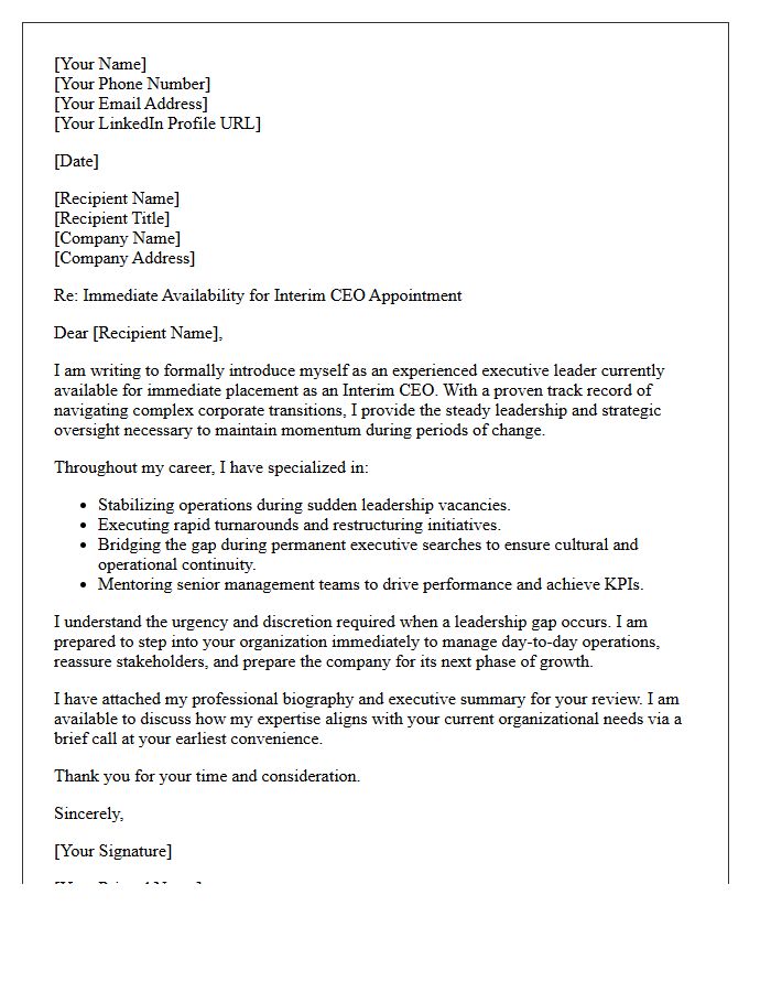 Introduction Letter for Immediately Available Interim CEO