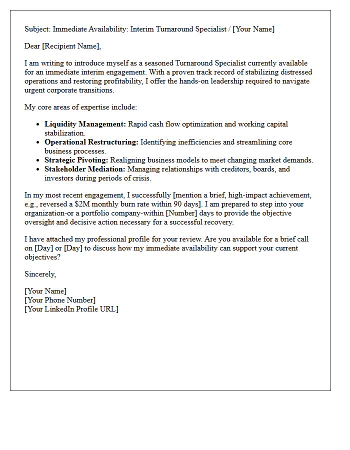 Pitch Letter for Immediately Available Interim Turnaround Specialist