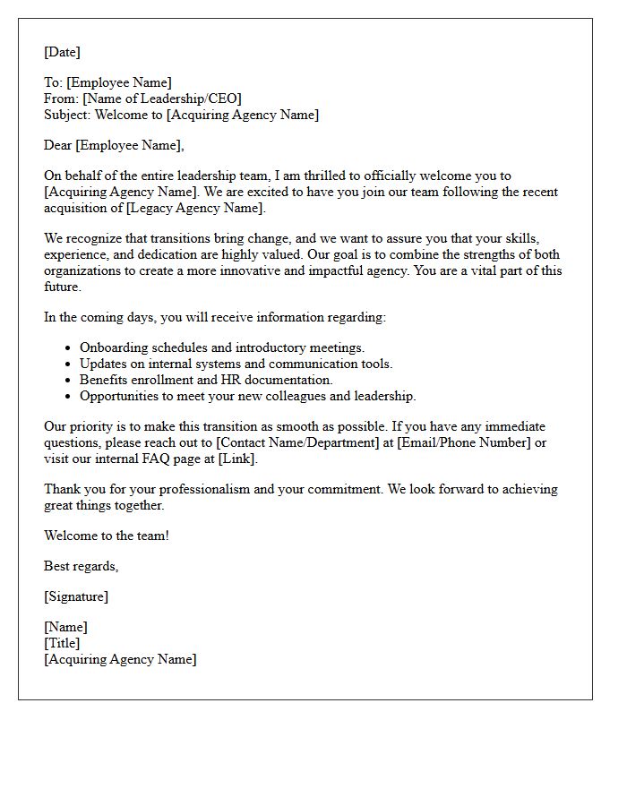 Acquiring Agency Leadership Welcome Letter to Transitioning Employees