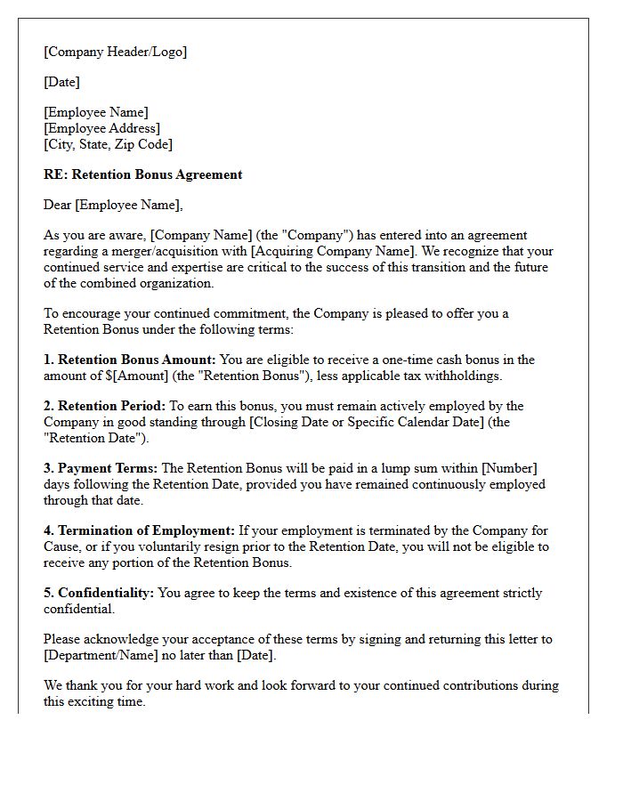 Mergers and Acquisitions Employee Retention Agreement Letter