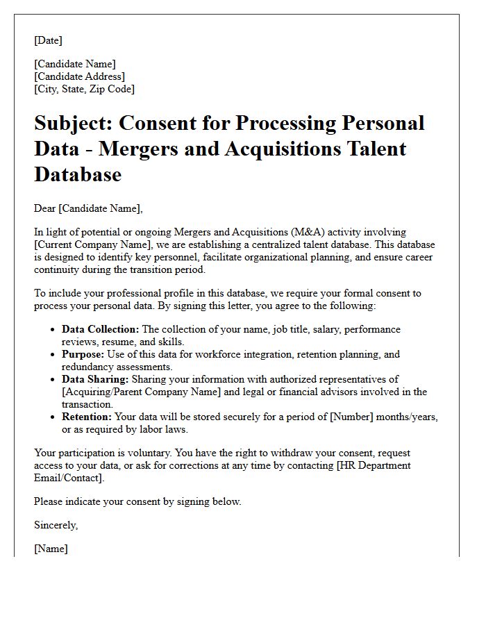 Mergers and Acquisitions Talent Database Privacy Consent Letter