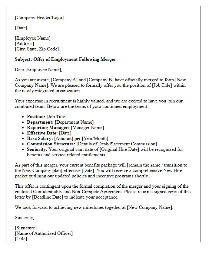 Recruitment Agency Merger Offer Letter for Retained Personnel