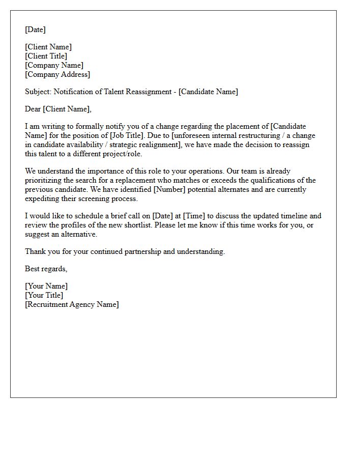 Recruitment Client Notification Letter Regarding Talent Reassignment