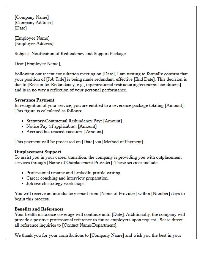 Severance and Outplacement Support Letter for Redundant Staff