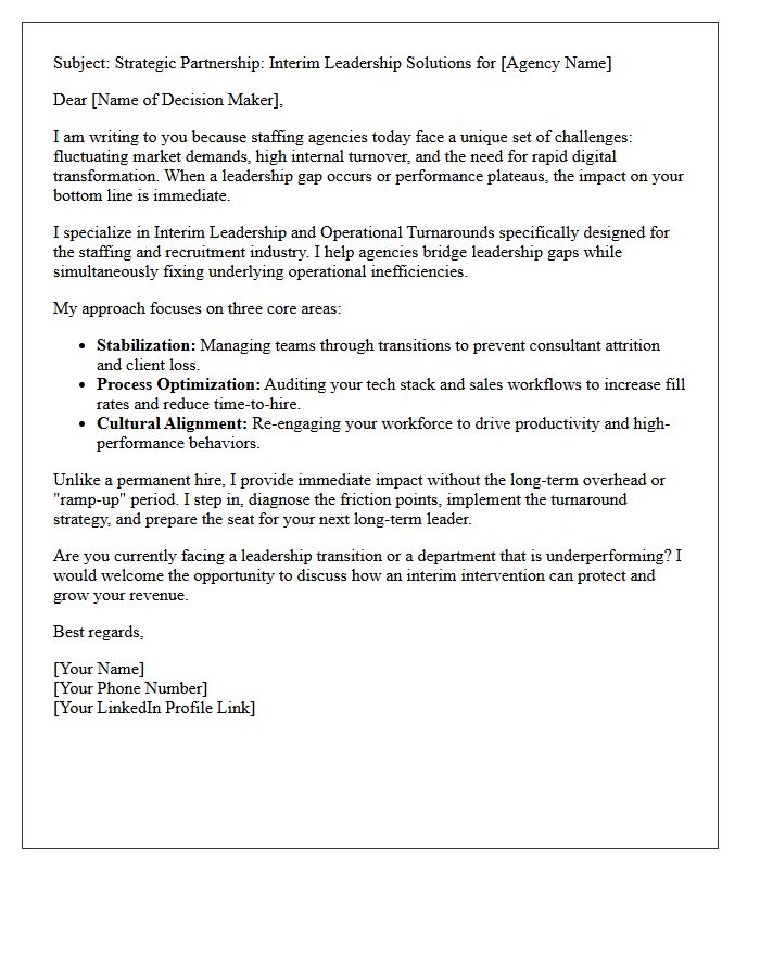Interim Leadership Turnaround Pitch Letter for Staffing Agencies
