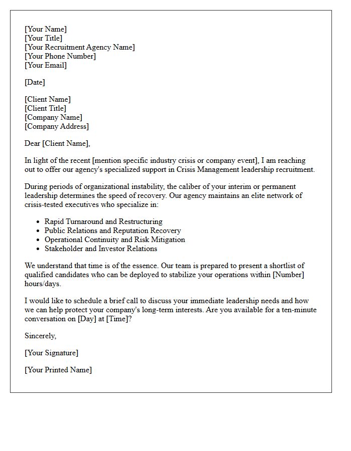 Recruitment Agency Crisis Management Executive Pitch Letter