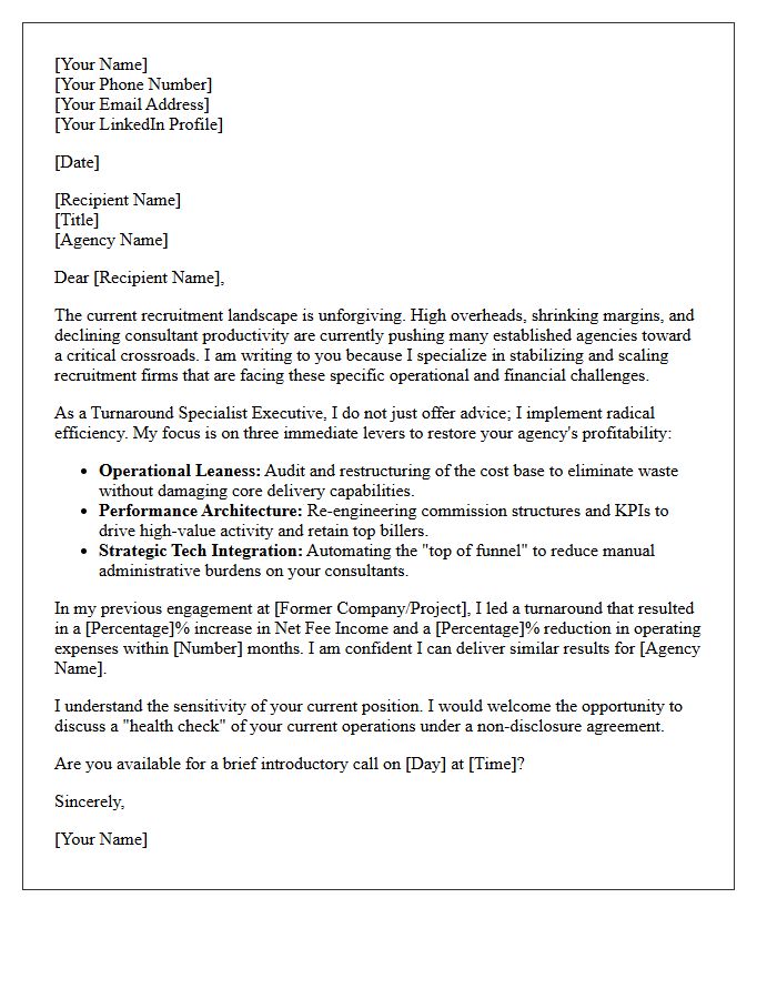 Turnaround Specialist Executive Pitch Letter for Struggling Recruitment Agencies