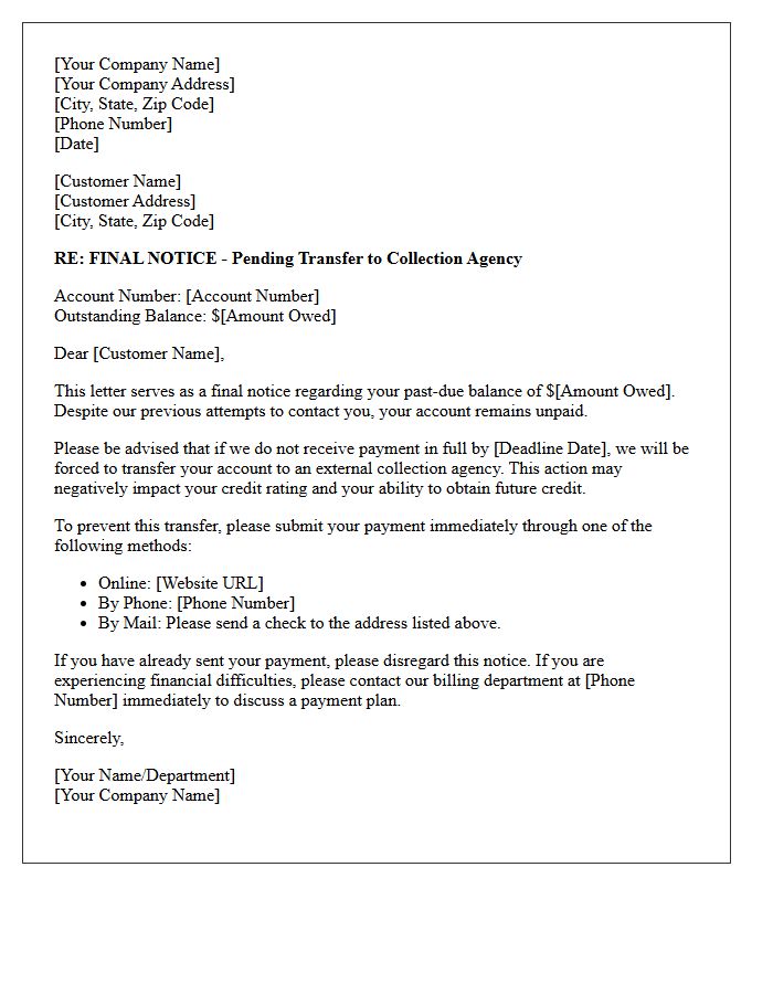 Pending Account Transfer to Collection Agency Letter