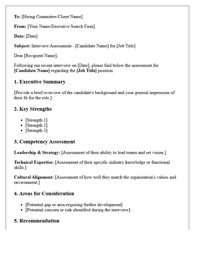Executive Search Candidate Interview Assessment Letter