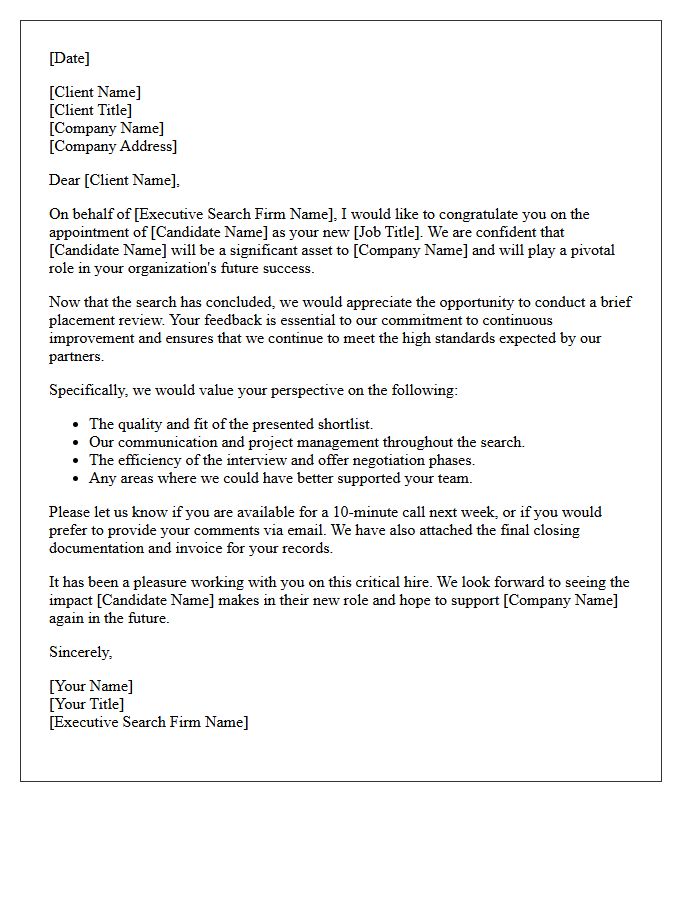 Executive Search Successful Placement Review Letter
