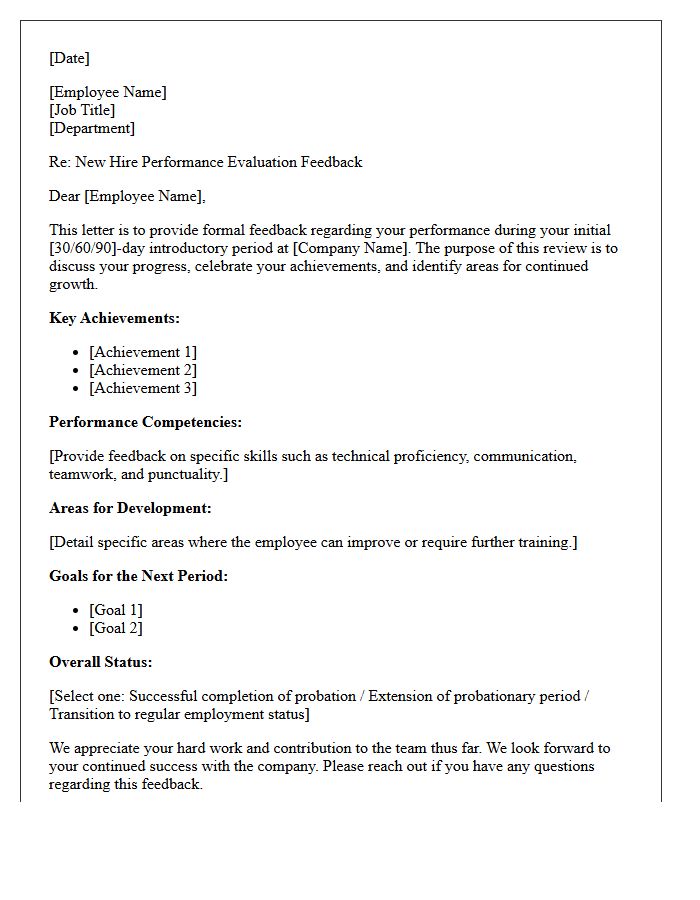 New Hire Performance Evaluation Feedback Letter