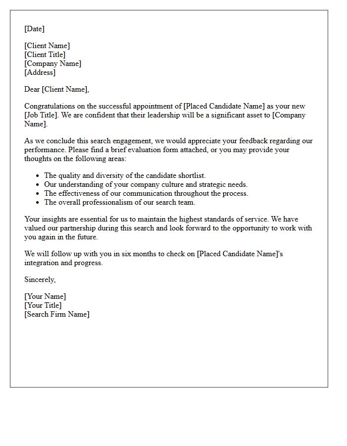 C-Suite Search Conclusion Client Evaluation Letter