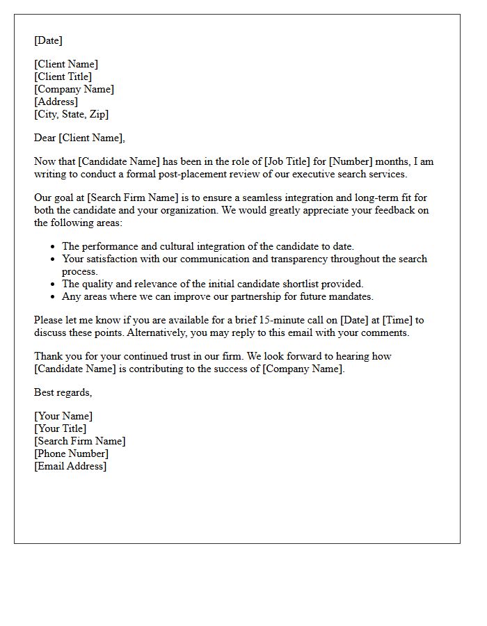 Post-Placement Executive Search Service Review Letter