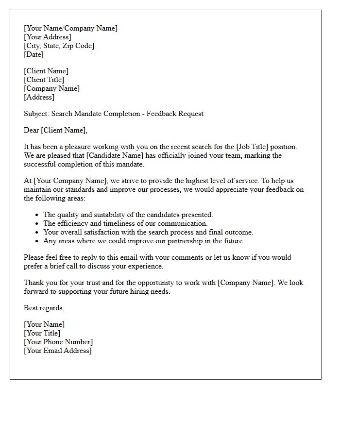 Search Mandate Completion Client Feedback Letter