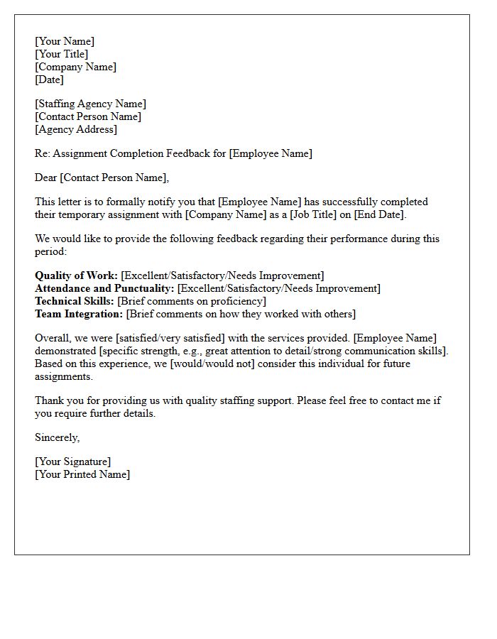 Staffing Assignment Completion Feedback Letter