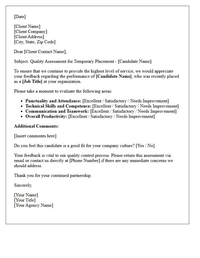 Temporary Placement Quality Assessment Letter