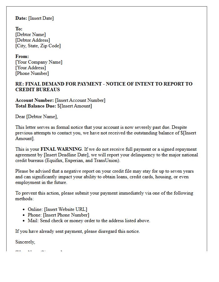 Credit Bureau Reporting Warning Final Demand Letter