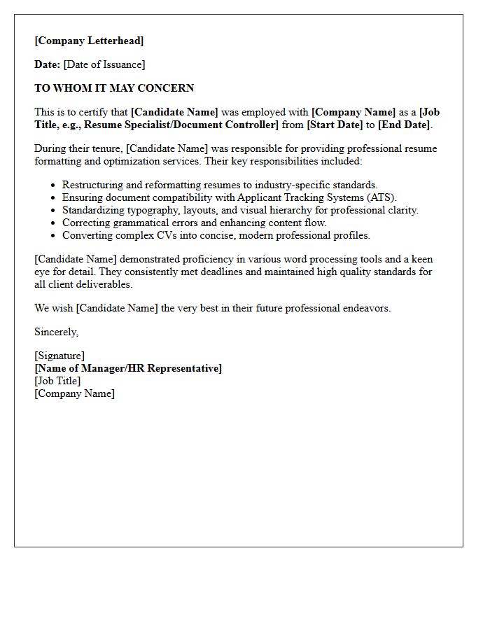 Candidate Experience Letter For Resume Formatting Services