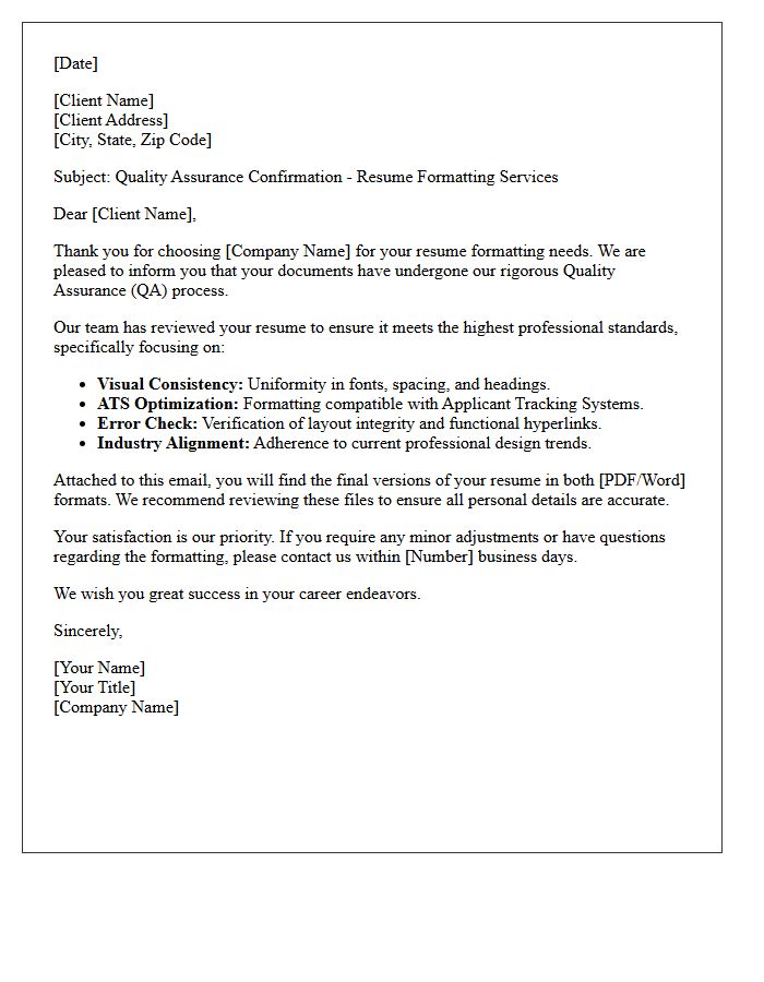 Quality Assurance Letter Regarding Resume Formatting Service