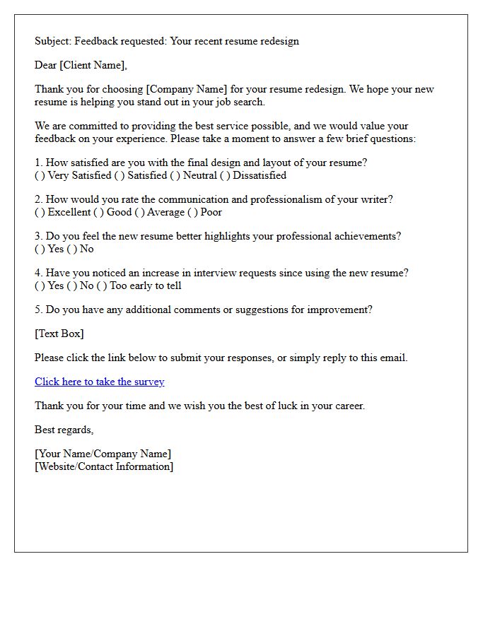 Resume Redesign Service Satisfaction Survey Letter