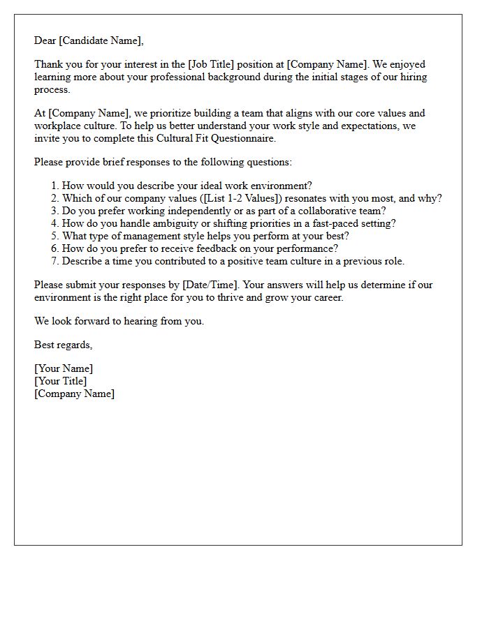 Comprehensive Candidate Cultural Fit Questionnaire Letter