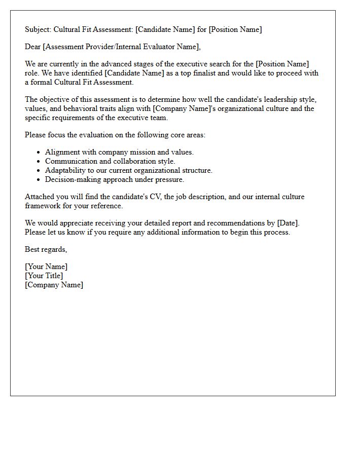 Executive Search Cultural Fit Assessment Request Letter