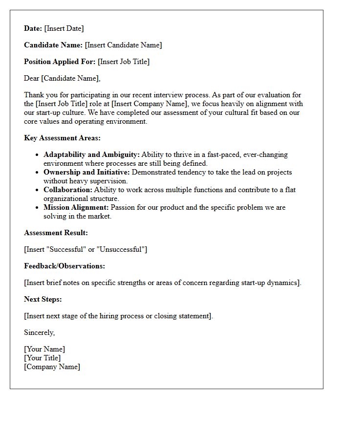 Start-Up Environment Cultural Fit Assessment Letter
