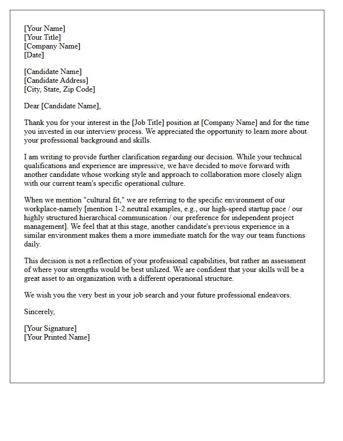 Unsuccessful Candidate Cultural Fit Clarification Letter