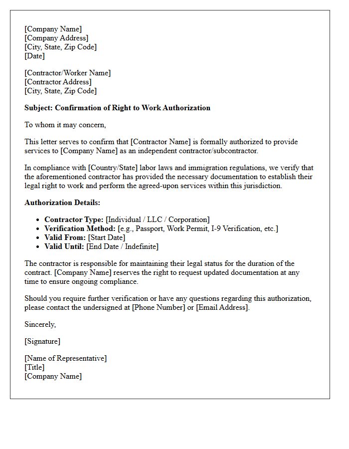 Contractor Right to Work Authorization Letter