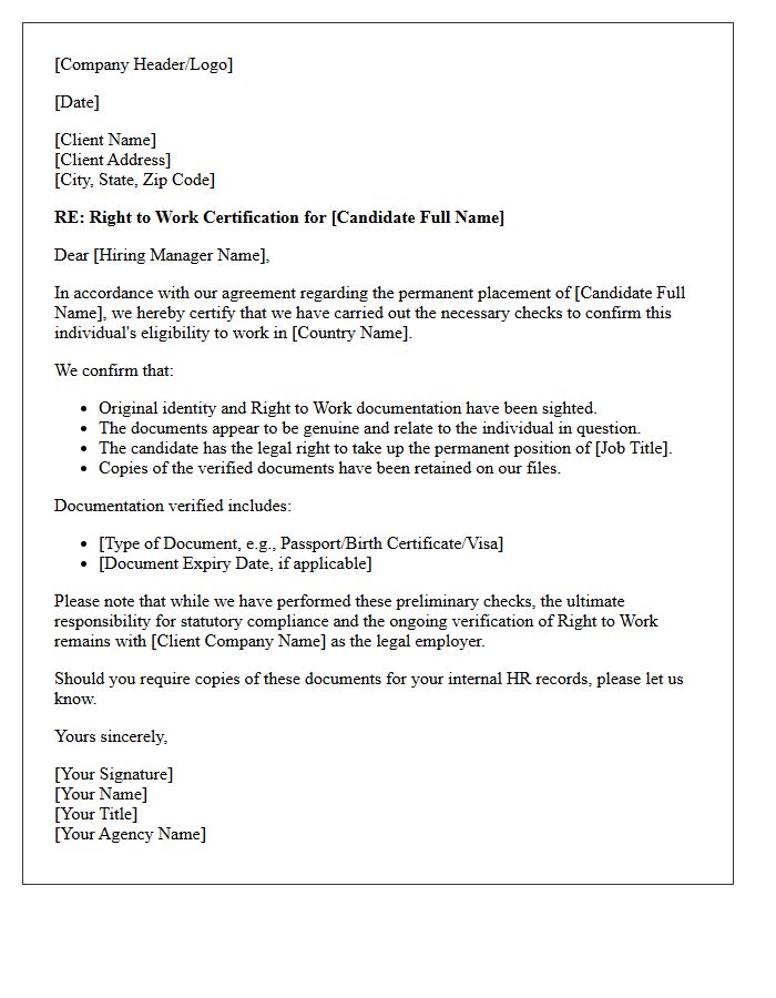 Permanent Placement Right to Work Certification Letter