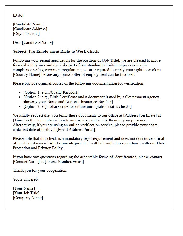 Pre-Employment Right to Work Screening Letter