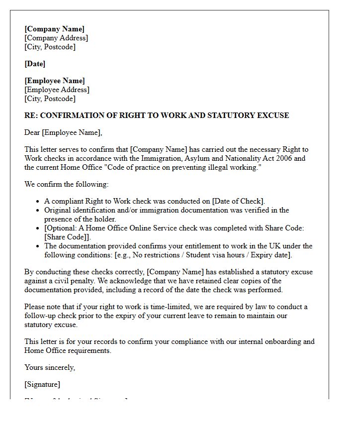 Statutory Excuse Right to Work Guarantee Letter