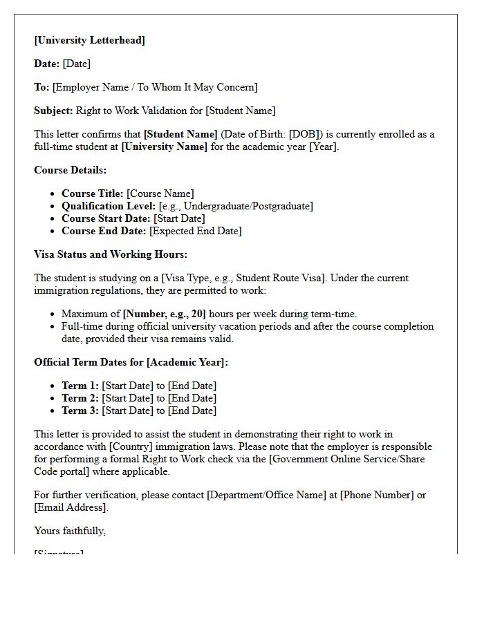 Student Visa Right to Work Validation Letter
