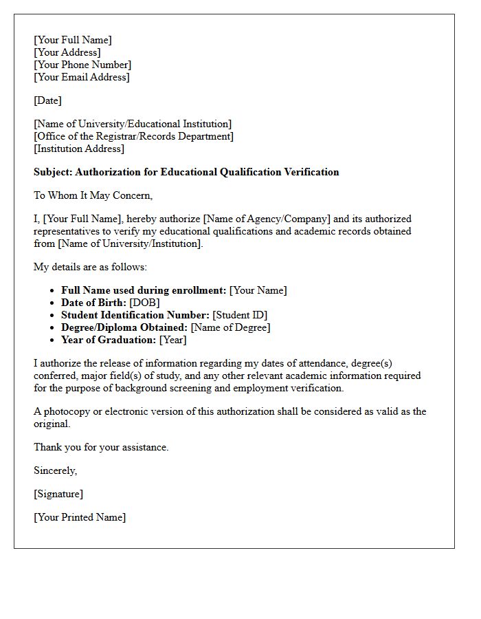 Agency Authorization for Educational Qualification Verification Letter