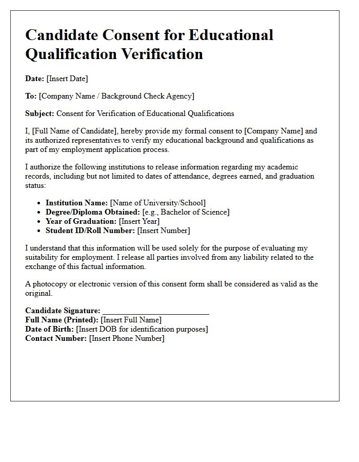 Candidate Consent for Educational Qualification Verification Letter