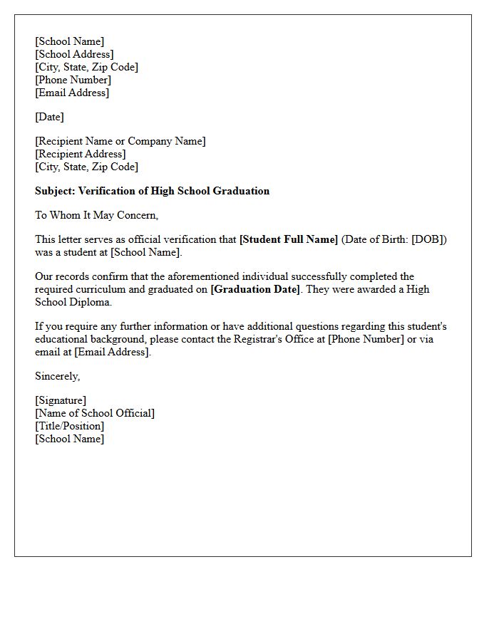High School Diploma Educational Qualification Verification Letter