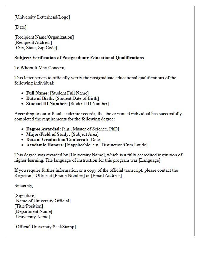 Postgraduate Degree Educational Qualification Verification Letter