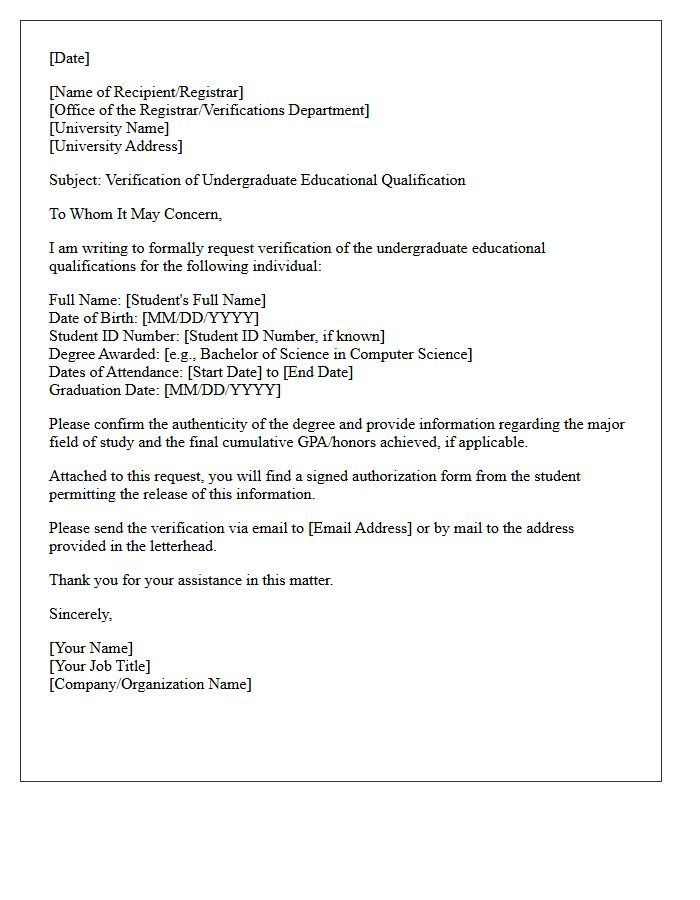 Undergraduate Degree Educational Qualification Verification Letter