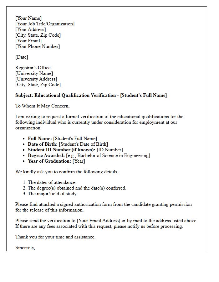 University Educational Qualification Verification Request Letter