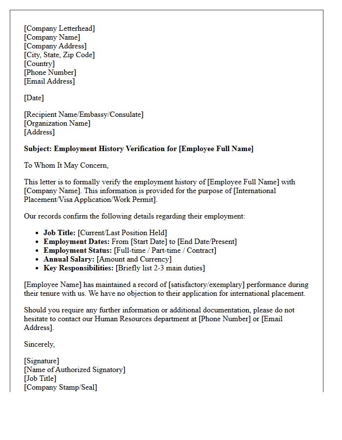 International Placement Employment History Verification Letter