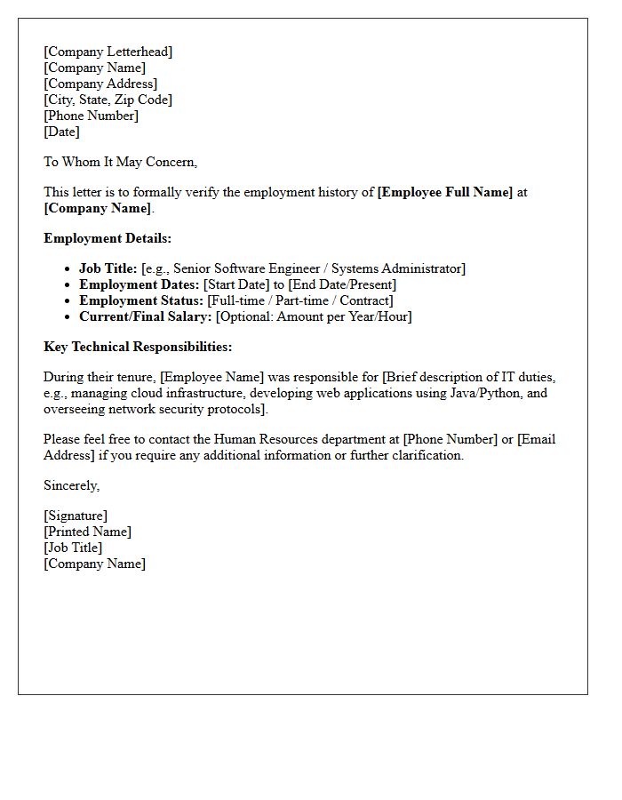 IT Professional Employment History Verification Letter