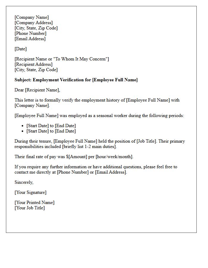 Seasonal Worker Employment History Verification Letter