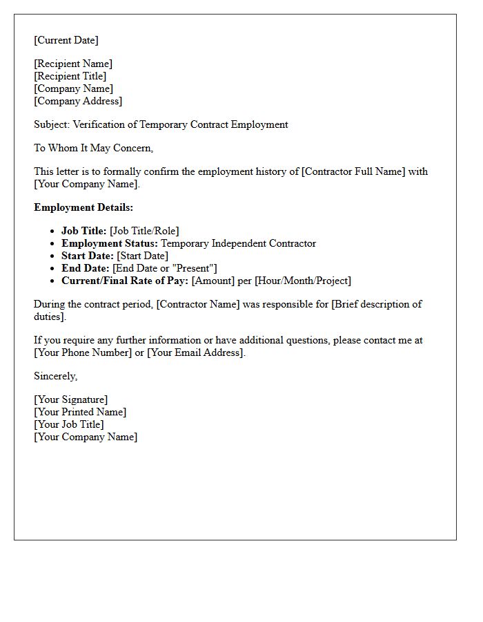 Temporary Contractor Employment History Verification Letter