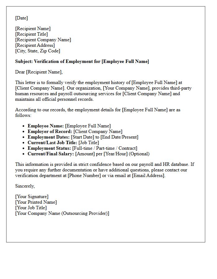 Third-Party Outsourcing Employment History Verification Letter